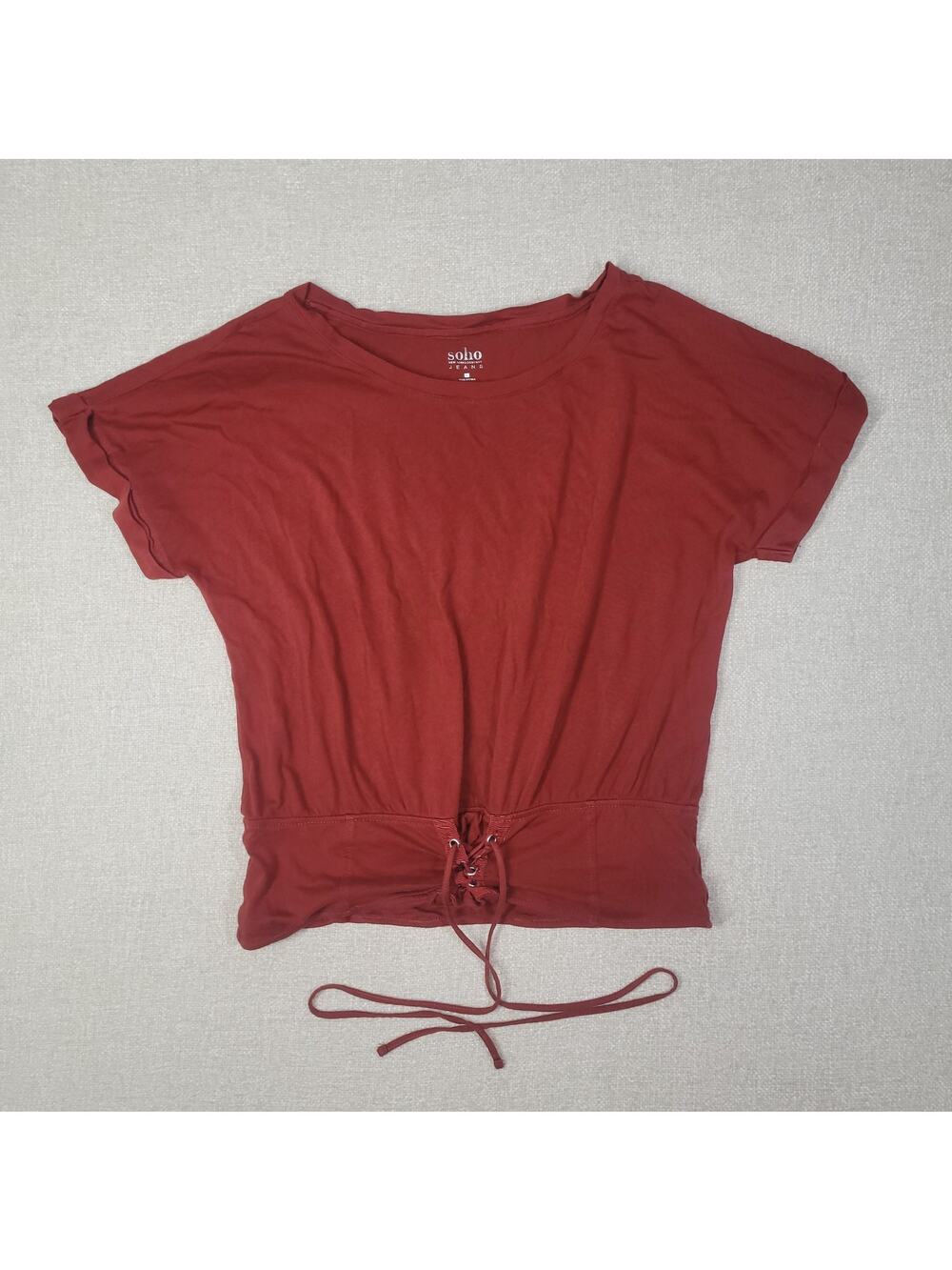 Soho New York And Company Jeans Red Lace Up Blouse Short Sleeve Size Large